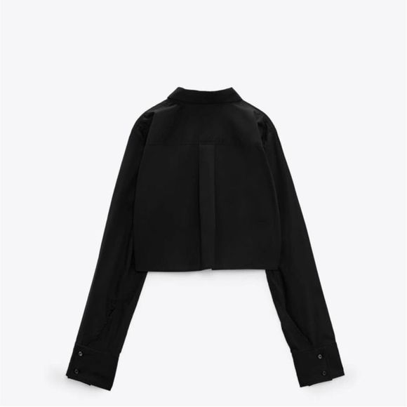 Zara NWT Long Sleeve Cropped Button Down Shirt Blouse Black Size XS Front Pocket - Picture 5 of 8